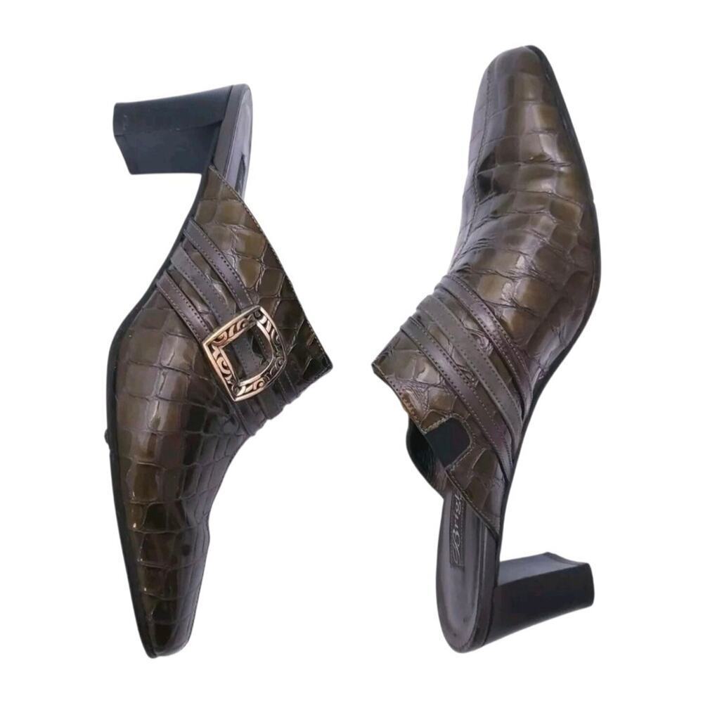 Brighton Tudor Olive Green Patent Leather Mules Shoes Size 7.5 M Slip On - Picture 2 of 6